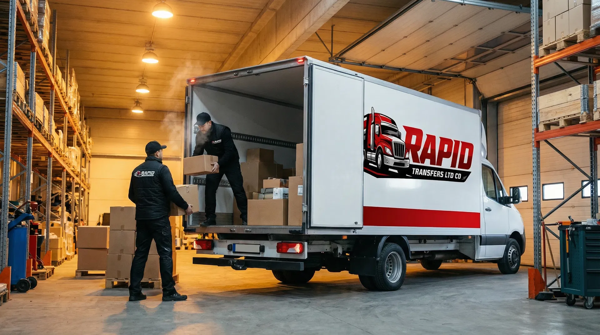 Professional delivery team unloading appliances